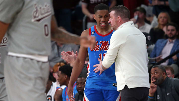 Feb 21, 2024; Starkville, Mississippi, USA; Mississippi Rebels head coach Chris Beard talks with guard Matthew Murrell (11) after a turnover during the second half against the Mississippi State Bulldogs at Humphrey Coliseum. Mandatory Credit: Petre Thomas-Imagn Images Feb 21, 2024; Starkville, Mississippi, USA; Mississippi Rebels head coach Chris Beard talks with guard Matthew Murrell (11) after a turnover during the second half against the Mississippi State Bulldogs at Humphrey Coliseum. Mandatory Credit: Petre Thomas-Imagn Images