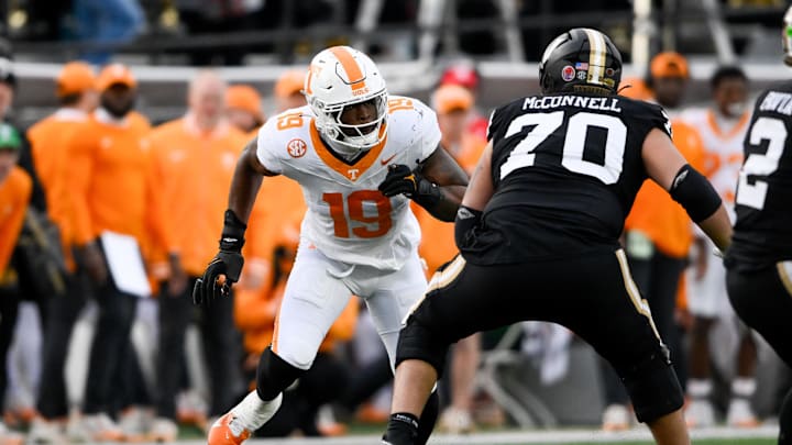 Nov 30, 2024; Nashville, Tennessee, USA;  Tennessee Volunteers defensive lineman Joshua Josephs (19) rushes the passer against the Vanderbilt Commodores during the second half at FirstBank Stadium. Mandatory Credit: Steve Roberts-Imagn Images