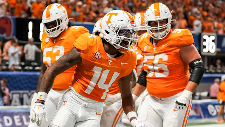 Tennessee wide receiver Braylon Staley (14) celebrates a touchdown during the Aflac Kickoff Game between the Volunteers and Syracuse held at Mercedes-Benz Stadium in Atlanta, Ga., on August 30, 2025.
