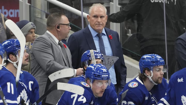 Nov 9, 2025; Toronto, Ontario, CAN; Toronto Maple Leafs head coach Craig Berube scowls on the bench after a goal by the Carolina Hurricanes during the third period at Scotiabank Arena. Mandatory Credit: John E. Sokolowski-Imagn Images Nov 9, 2025; Toronto, Ontario, CAN; Toronto Maple Leafs head coach Craig Berube scowls on the bench after a goal by the Carolina Hurricanes during the third period at Scotiabank Arena. Mandatory Credit: John E. Sokolowski-Imagn Images