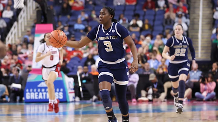 Mar 7, 2025; Greensboro, NC, USA;  Georgia Tech Yellow Jackets guard Dani Carnegie (3) brings the ball down court during the second quarter against NC State Wolfpack at First Horizon Coliseum. Mandatory Credit: Cory Knowlton-Imagn Images