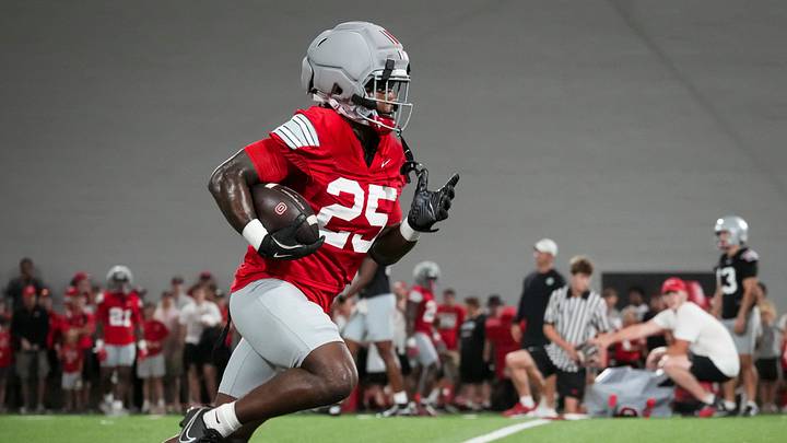 Ohio State Buckeyes running back Bo Jackson (25) runs during football training camp inside the Woody Hayes Athletic Center in Columbus on Aug. 7, 2026. Ohio State Buckeyes running back Bo Jackson (25) runs during football training camp inside the Woody Hayes Athletic Center in Columbus on Aug. 7, 2026.