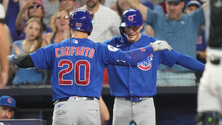 Sep 5, 2026; Miami, Florida, USA; Chicago Cubs designated hitter Michael Conforto (20) is congratulated after hitting a solo home run by Pete Crow-Armstrong in the third inning against the Miami Marlins at loanDepot Park. Mandatory Credit: Jim Rassol-Imagn Images Sep 5, 2026; Miami, Florida, USA; Chicago Cubs designated hitter Michael Conforto (20) is congratulated after hitting a solo home run by Pete Crow-Armstrong in the third inning against the Miami Marlins at loanDepot Park. Mandatory Credit: Jim Rassol-Imagn Images