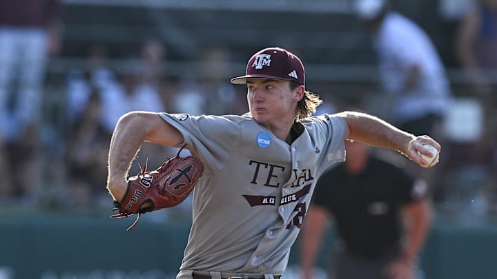Jun 9, 2024; College Station, TX, USA; Texas A&M pitcher Shane Sdao (38) throws a pitch during the first inning against Oregon at Olsen Field, Blue Bell Park Mandatory Credit: Maria Lysaker-Imagn Images