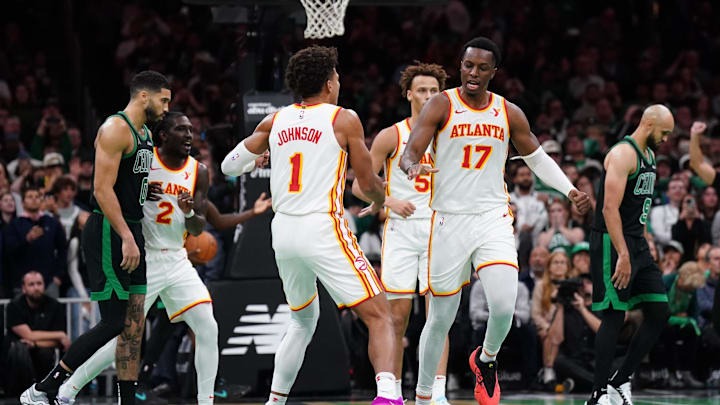 Nov 12, 2024; Boston, Massachusetts, USA; Atlanta Hawks forward Onyeka Okongwu (17) reacts after his basket to put the Hawks in the lead against the Boston Celtics in the fourth quarter at TD Garden. Mandatory Credit: David Butler II-Imagn Images Nov 12, 2024; Boston, Massachusetts, USA; Atlanta Hawks forward Onyeka Okongwu (17) reacts after his basket to put the Hawks in the lead against the Boston Celtics in the fourth quarter at TD Garden. Mandatory Credit: David Butler II-Imagn Images