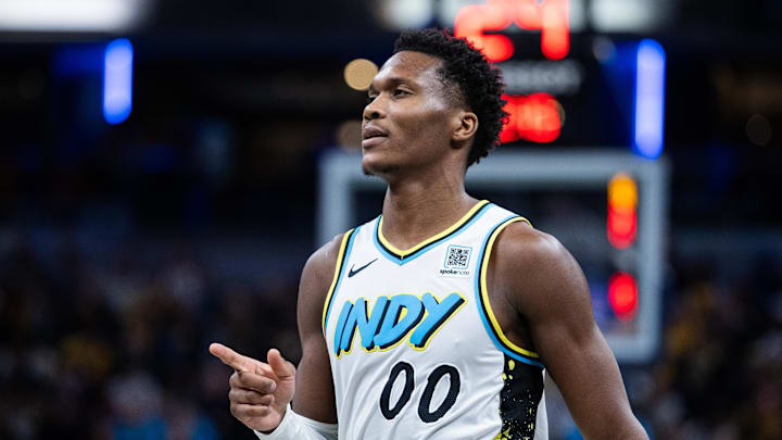 Dec 31, 2024; Indianapolis, Indiana, USA; Indiana Pacers guard Bennedict Mathurin (00) celebrates a made basket  in the second half against the Milwaukee Bucks at Gainbridge Fieldhouse. Mandatory Credit: Trevor Ruszkowski-Imagn Images