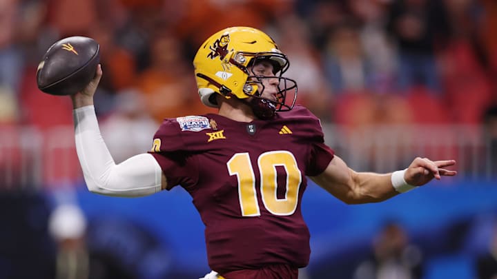 Jan 1, 2025; Atlanta, GA, USA; Arizona State Sun Devils quarterback Sam Leavitt (10) passes the ball against the Texas Longhorns during the first half of the Peach Bowl at Mercedes-Benz Stadium. Mandatory Credit: Brett Davis-Imagn Images