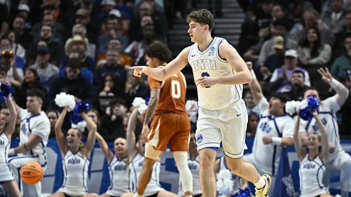 Mar 19, 2026; Portland, OR, USA; BYU Cougars guard Aleksej Kostic (6) reacts after a basket in the second half against the Texas Longhorns during a first round game of the men's 2026 NCAA Tournament at Moda Center. Mandatory Credit: Craig Strobeck-Imagn Images