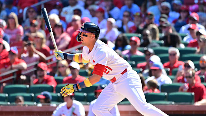 Sep 7, 2025; St. Louis, Missouri, USA; St. Louis Cardinals outfielder Lars Nootbaar (21) watches his hit against the San Francisco Giants at Busch Stadium. Mandatory Credit: Tim Vizer-Imagn Images