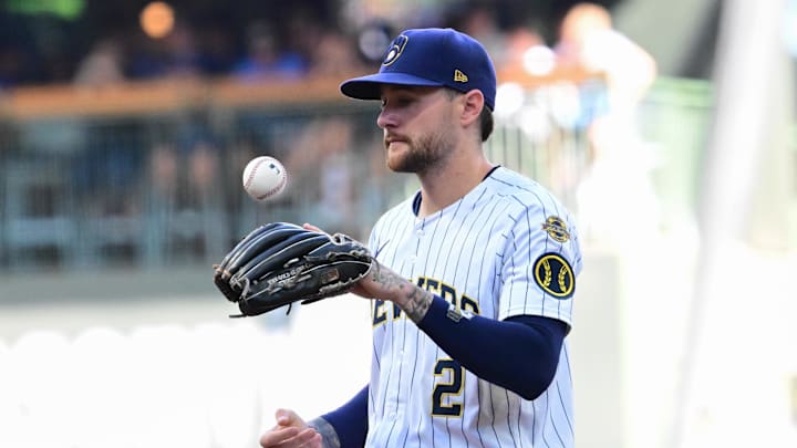 Sep 14, 2025; Milwaukee, Wisconsin, USA; Milwaukee Brewers second baseman Brice Turang (2) reacts after he was unable to make a play on infield hit by St. Louis Cardinals second baseman Jose Fermin (not pictured) in the fifth inning  at American Family Field. Mandatory Credit: Benny Sieu-Imagn Images