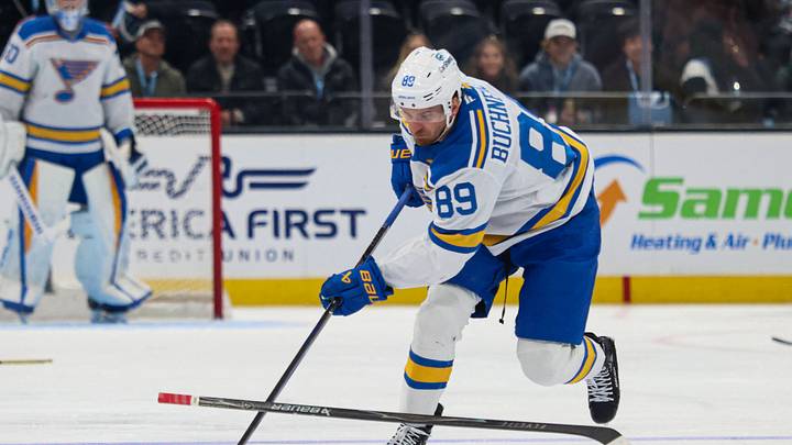 Apr 16, 2026; Salt Lake City, Utah, USA; St. Louis Blues left wing Pavel Buchnevich (89) plays the puck and a loose hockey stick during the second period of a game against the Utah Mammoth at Delta Center. Mandatory Credit: Rob Gray-Imagn Images Apr 16, 2026; Salt Lake City, Utah, USA; St. Louis Blues left wing Pavel Buchnevich (89) plays the puck and a loose hockey stick during the second period of a game against the Utah Mammoth at Delta Center. Mandatory Credit: Rob Gray-Imagn Images