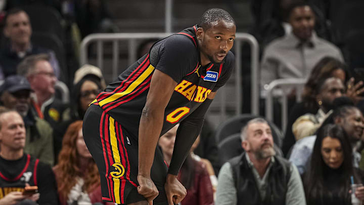 Feb 24, 2026; Atlanta, Georgia, USA; Atlanta Hawks forward Jonathan Kuminga (0) on the court against the Washington Wizards during the first half at State Farm Arena. Mandatory Credit: Dale Zanine-Imagn Images