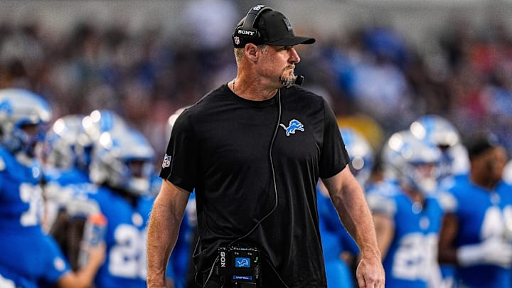 Detroit Lions head coach Dan Campbell watches a play against LA Chargers during the first half of the Hall of Fame Game at Tom Benson Hall of Fame Stadium in Canton, Ohio on Thursday, July 31, 2025.