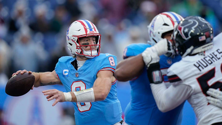 Tennessee Titans quarterback Will Levis (8) prepares to pass during the third quarter at Nissan Stadium in Nashville, Tenn., Sunday, Jan. 5, 2025.