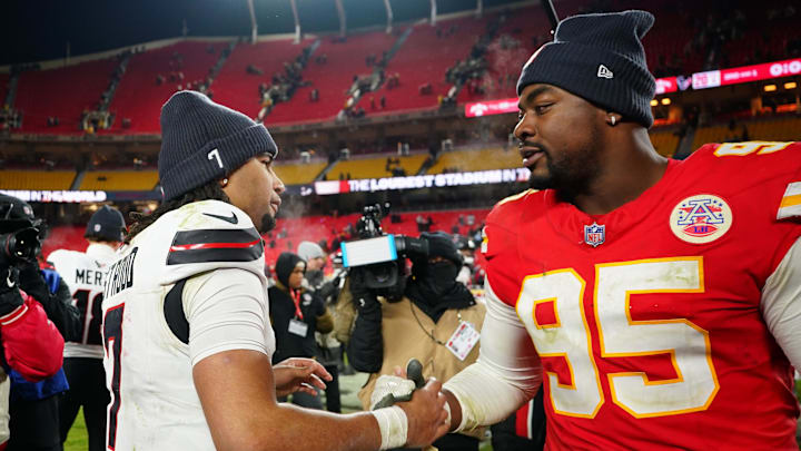 Dec 7, 2025; Kansas City, Missouri, USA; Houston Texans quarterback C.J. Stroud (7) and Kansas City Chiefs defensive tackle Chris Jones (95) greet each other after the game at GEHA Field at Arrowhead Stadium. Mandatory Credit: Denny Medley-Imagn Images