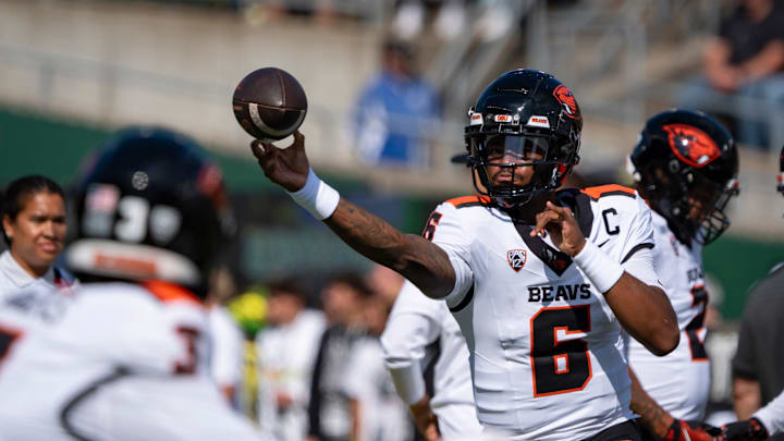 Oregon State Beavers quarterback Maalik Murphy throws a pass during warmups as the Oregon Ducks host the Oregon State Beavers Sept. 20, 2025, at Autzen Stadium in Eugene, Oregon. Oregon State Beavers quarterback Maalik Murphy throws a pass during warmups as the Oregon Ducks host the Oregon State Beavers Sept. 20, 2025, at Autzen Stadium in Eugene, Oregon.