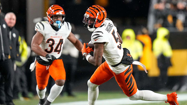 Cincinnati Bengals wide receiver Tee Higgins (5) catches a pass in the first quarter of the NFL Week 18 game between the Pittsburgh Steelers and the Cincinnati Bengals at Acrisure Stadium in Pittsburgh on Saturday, Jan. 4, 2025.