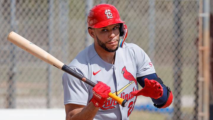 Feb 16, 2026; Jupiter, FL, USA;  St. Louis Cardinals outfielder Joshua Baez (22) takes batting practice during spring training workouts at Roger Dean Stadium. Mandatory Credit: Reinhold Matay-Imagn Images