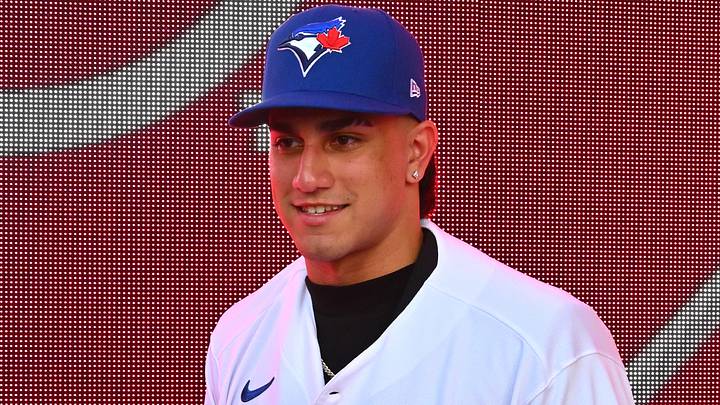 Jul 17, 2022; Los Angeles, CA, USA;  Brandon Barriera reacts after he was selected by the Toronto Blue Jays as the 23rd player in the MLB draft at XBox Plaza at LA Live. Mandatory Credit: Jayne Kamin-Oncea-USA TODAY Sports