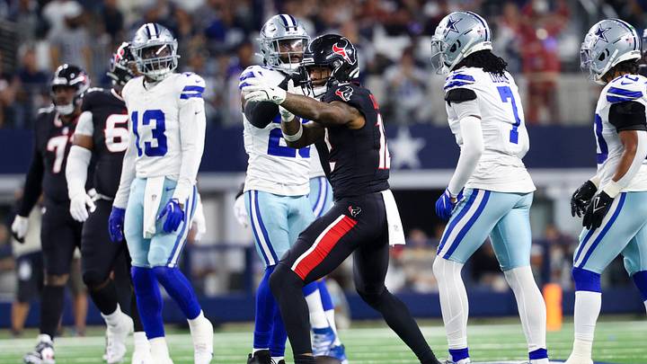 Nov 18, 2024; Arlington, Texas, USA; Houston Texans wide receiver Nico Collins (12) reacts after making a first down during the first quarter against the Dallas Cowboys at AT&T Stadium. Mandatory Credit: Kevin Jairaj-Imagn Images Nov 18, 2024; Arlington, Texas, USA; Houston Texans wide receiver Nico Collins (12) reacts after making a first down during the first quarter against the Dallas Cowboys at AT&T Stadium. Mandatory Credit: Kevin Jairaj-Imagn Images