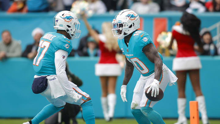 Dec 25, 2022; Miami Gardens, Florida, USA; Miami Dolphins wide receiver Tyreek Hill (10) celebrates