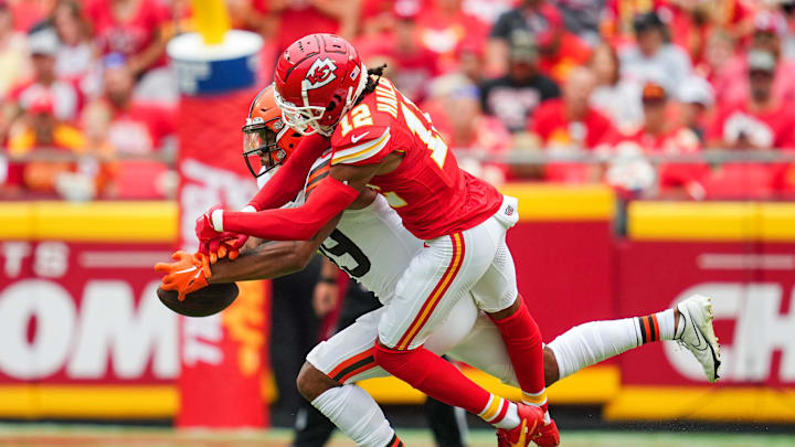 Aug 26, 2023; Kansas City, Missouri, USA; Kansas City Chiefs cornerback Kahlef Hailassie (12) breaks up a pass intended for Cleveland Browns wide receiver Cedric Tillman (89) during the first half at GEHA Field at Arrowhead Stadium. Mandatory Credit: Jay Biggerstaff-Imagn Images