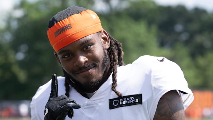 Jul 28, 2025; Berea, OH, USA; Cleveland Browns cornerback Martin Emerson Jr. (1) during training camp at CrossCountry Mortgage Campus. Mandatory Credit: Ken Blaze-Imagn Images