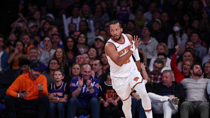Oct 9, 2024; New York, New York, USA; New York Knicks guard Jalen Brunson (11) reacts after a basket against the Washington Wizards during the first half at Madison Square Garden. Mandatory Credit: Vincent Carchietta-Imagn Images