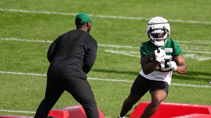 Jul 24, 2025; Florham Park, NY, USA; New York Jets running back Breece Hall (20) participates in a drill during training camp at Atlantic Health Jets Training Center. Mandatory Credit: John Jones-Imagn Images