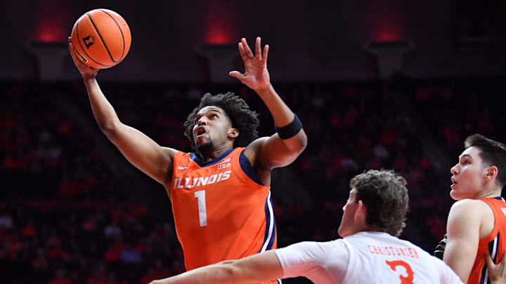 Nov 24, 2025; Champaign, Illinois, USA; Illinois Fighting Illini guard Brandon Lee (1) drives to the b basket as U3 defends during the first half at State Farm Center. Mandatory Credit: Ron Johnson-Imagn Images Nov 24, 2025; Champaign, Illinois, USA; Illinois Fighting Illini guard Brandon Lee (1) drives to the b basket as U3 defends during the first half at State Farm Center. Mandatory Credit: Ron Johnson-Imagn Images