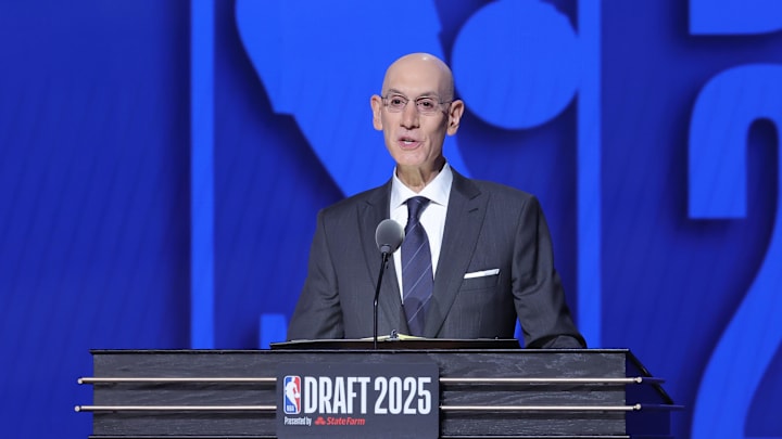 Jun 25, 2025; Brooklyn, NY, USA; NBA commissioner Adam Silver speaks during the 2025 NBA Draft at Barclays Center. Mandatory Credit: Brad Penner-Imagn Images