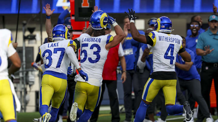 Sep 7, 2025; Inglewood, California, USA; Los Angeles Rams linebacker Nate Landman (53) celebrates after forcing a fumble during the fourth quarter at SoFi Stadium. Mandatory Credit: Kiyoshi Mio-Imagn Images Sep 7, 2025; Inglewood, California, USA; Los Angeles Rams linebacker Nate Landman (53) celebrates after forcing a fumble during the fourth quarter at SoFi Stadium. Mandatory Credit: Kiyoshi Mio-Imagn Images