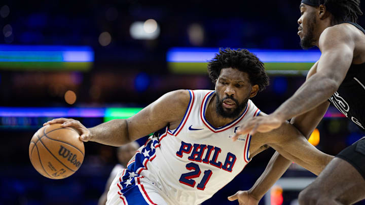Philadelphia 76ers center Joel Embiid (21) controls the ball against the Brooklyn Nets.