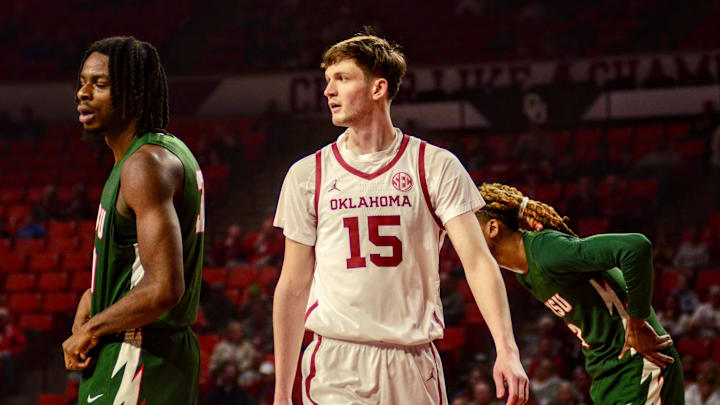 Oklahoma center Kirill Elatontsev competes against MVSU. Oklahoma center Kirill Elatontsev competes against MVSU.