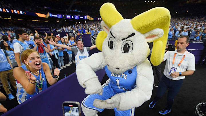 Apr 2, 2022; New Orleans, LA, USA; North Carolina Tar Heels mascot Rameses before the game against the Duke Blue Devils during the 2022 NCAA men's basketball tournament Final Four semifinals at Caesars Superdome. Apr 2, 2022; New Orleans, LA, USA; North Carolina Tar Heels mascot Rameses before the game against the Duke Blue Devils during the 2022 NCAA men's basketball tournament Final Four semifinals at Caesars Superdome.