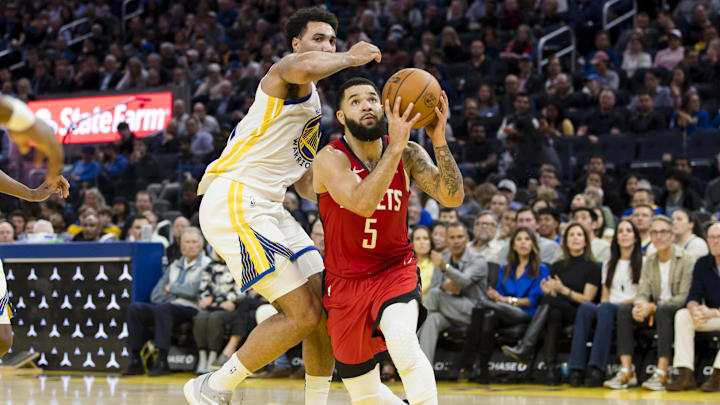 Dec 5, 2024; San Francisco, California, USA; Golden State Warriors center Trayce Jackson-Davis (32) defends against Houston Rockets guard Fred VanVleet (5) during the third quarter at Chase Center. Mandatory Credit: John Hefti-Imagn Images Dec 5, 2024; San Francisco, California, USA; Golden State Warriors center Trayce Jackson-Davis (32) defends against Houston Rockets guard Fred VanVleet (5) during the third quarter at Chase Center. Mandatory Credit: John Hefti-Imagn Images