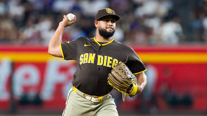 Aug 4, 2026; Phoenix, Arizona, USA; San Diego Padres pitcher Randy Vasquez in the second inning against the Arizona Diamondbacks at Chase Field. Mandatory Credit: Mark J. Rebilas-Imagn Images