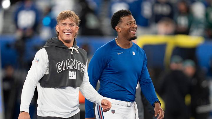 New York Giants quarterback Jaxson Dart (6) and New York Giants quarterback Jameis Winston (19) smile during warmups before a Thursday Night Football game between the New York Giants and the Philadelphia Eagles at MetLife Stadium in East Rutherford on Oct. 9, 2025. New York Giants quarterback Jaxson Dart (6) and New York Giants quarterback Jameis Winston (19) smile during warmups before a Thursday Night Football game between the New York Giants and the Philadelphia Eagles at MetLife Stadium in East Rutherford on Oct. 9, 2025.