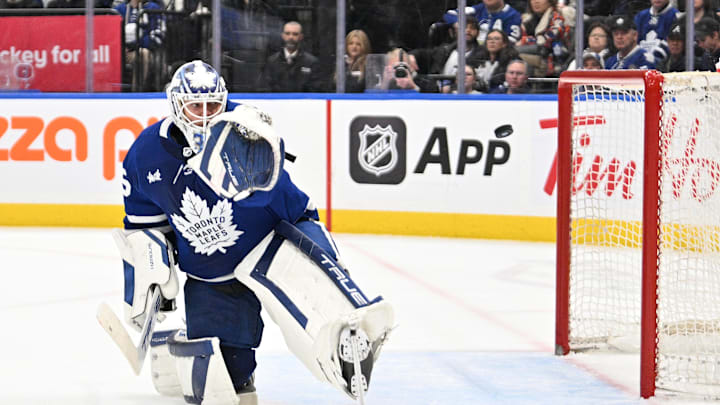 Apr 1, 2024; Toronto, Ontario, CAN; Toronto Maple Leafs goalie Ilya Samsonov (35) looks back to see