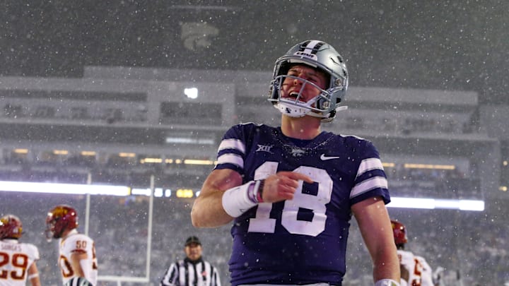 Nov 25, 2023; Manhattan, Kansas, USA; Kansas State Wildcats quarterback Will Howard (18) celebrates