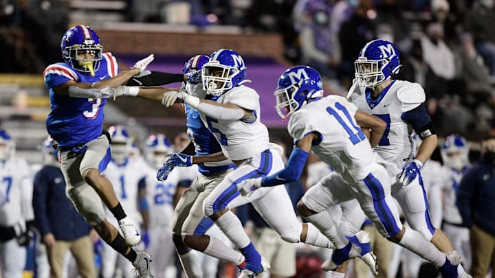 McCallie's Eric Rivers (11) runs for a touchdown as McCallie's B.J. Harris (5) blocks against MUS    Tylyn Young (3) during the second quarter of the Division II-AAA BlueCross Bowl Football Championship game at Tucker Stadium in Cookeville, Tenn., Thursday, Dec. 3, 2020.

Cal3848