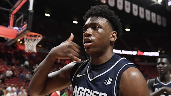 Jan 13, 2024; Las Vegas, Nevada, USA; Utah State Aggies forward Great Osobor (1) gestures to the