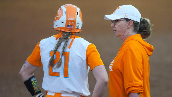 Tennessee softball coach Karen Weekly speaks with Tennessee's Maddi Rutan (21) during a NCAA softball game between the Tennessee Lady Vols and LSU Tigers at Sherri Parker Lee Stadium in Knoxville, Tenn., on March 6, 2026.