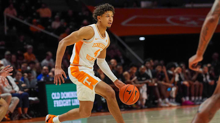Tennessee guard Clarence Massamba (4) dribbles the ball during a NCAA basketball game between the Tennessee Volunteers and Tennessee State Tigers at Thompson-Boling Arena at Food City Center in Knoxville, Tenn., on Nov. 20, 2025.