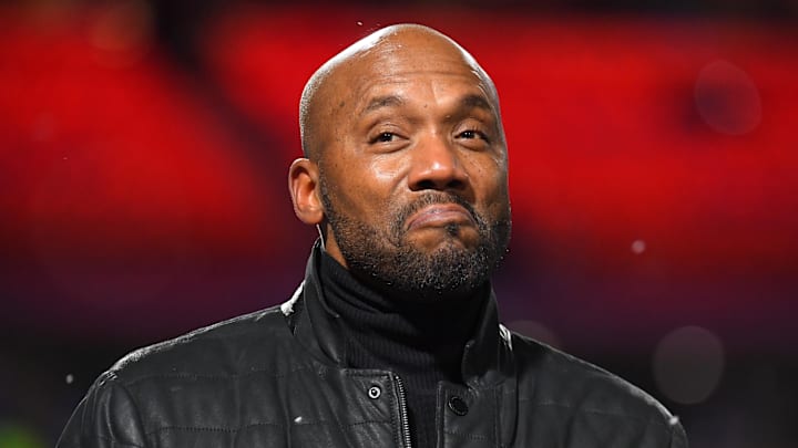 Dec 6, 2021; Orchard Park, New York, USA; ESPN analyst Louis Riddick reacts to a fans question prior to the game between the New England Patriots and the Buffalo Bills at Highmark Stadium. Mandatory Credit: Rich Barnes-Imagn Images
