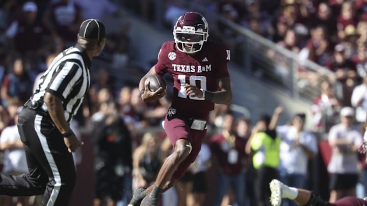 Nov 15, 2025; College Station, Texas, USA; Texas A&M Aggies quarterback Marcel Reed (10) runs with the ball during the third quarter against the South Carolina Gamecocks at Kyle Field. Mandatory Credit: Troy Taormina-Imagn Images Nov 15, 2025; College Station, Texas, USA; Texas A&M Aggies quarterback Marcel Reed (10) runs with the ball during the third quarter against the South Carolina Gamecocks at Kyle Field. Mandatory Credit: Troy Taormina-Imagn Images