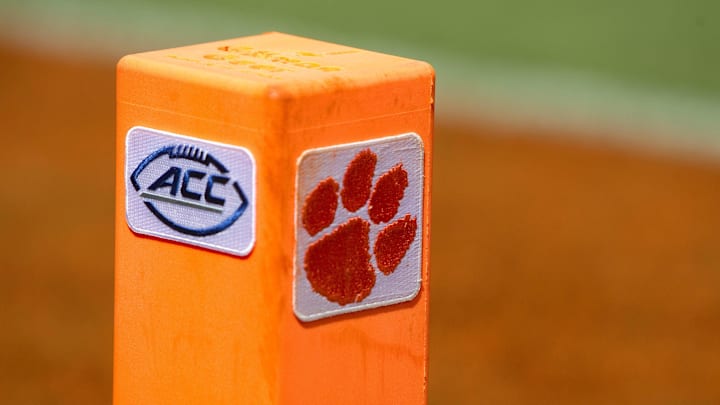 Sep 6, 2014; Clemson, SC, USA; General view of a pylon with the ACC logo during the second half of the game against the Clemson Tigers and the South Carolina State Bulldogs at Clemson Memorial Stadium. Tigers won 73-7. Mandatory Credit: Joshua S. Kelly-Imagn Images