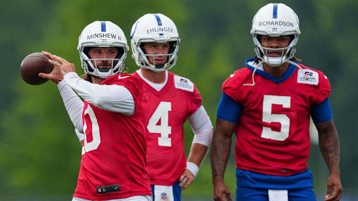 June 14, 2023; Indianapolis, IN, USA; Indianapolis Colts quarterback Gardner Minshew (10) drops back