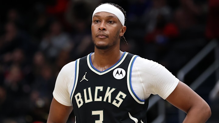 Milwaukee Bucks center Myles Turner (3) looks on during the second half against the Washington Wizards at Capital One Arena on January 29, 2026. Milwaukee Bucks center Myles Turner (3) looks on during the second half against the Washington Wizards at Capital One Arena on January 29, 2026.