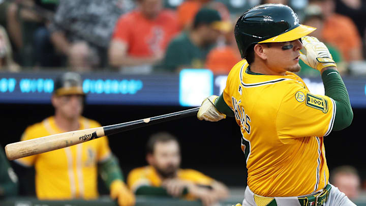 Aug 8, 2025; Baltimore, Maryland, USA; Oakland second baseman Luis Urias (17) hits a single during the third inning against the Baltimore Orioles at Oriole Park at Camden Yards. Mandatory Credit: Daniel Kucin Jr.-Imagn Images Aug 8, 2025; Baltimore, Maryland, USA; Oakland second baseman Luis Urias (17) hits a single during the third inning against the Baltimore Orioles at Oriole Park at Camden Yards. Mandatory Credit: Daniel Kucin Jr.-Imagn Images